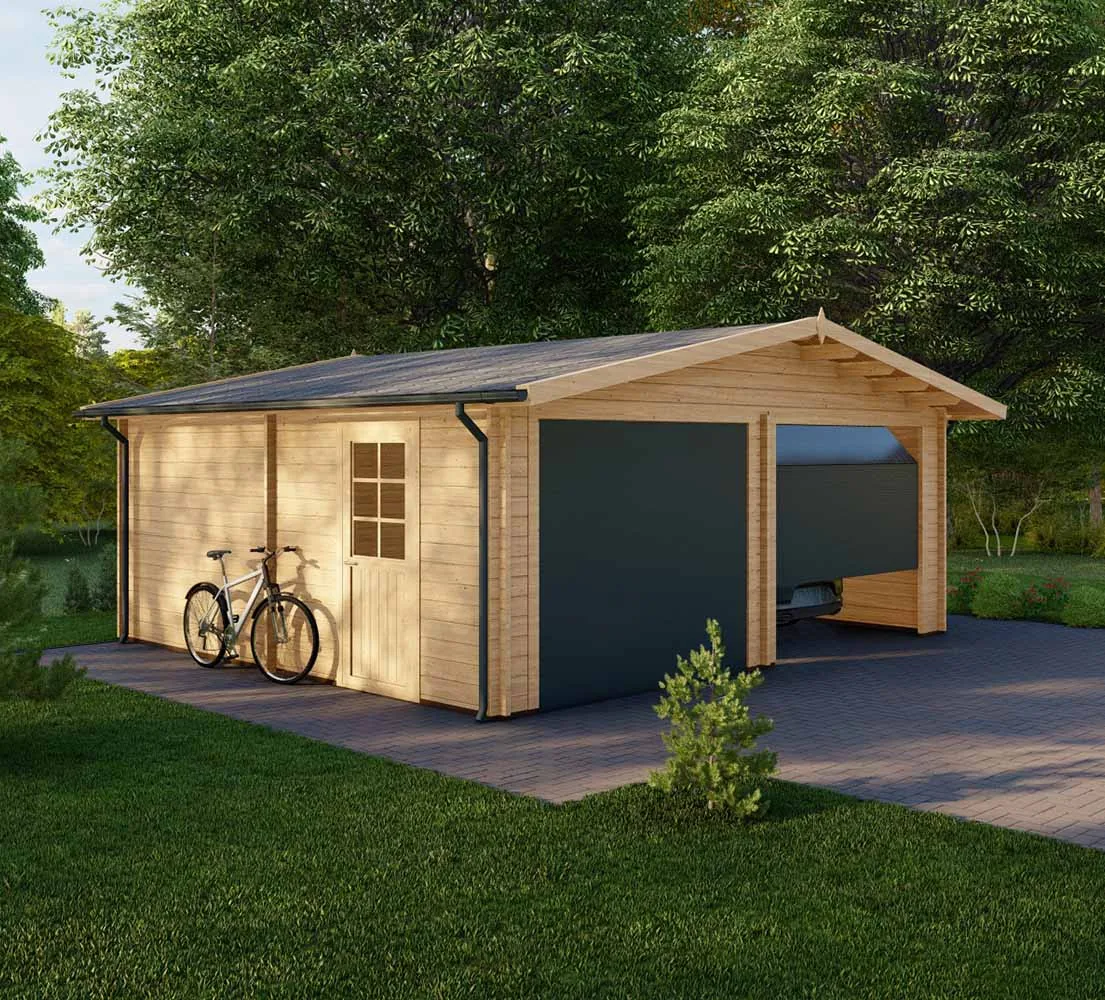 Holzgarage mit Satteldach Larix V2, 6x6 m, BF 30 m2 mit Sektionaltoren Holzgarage mit Satteldach Larix V2, 6x6 m, BF 30 m2 mit Sektionaltoren