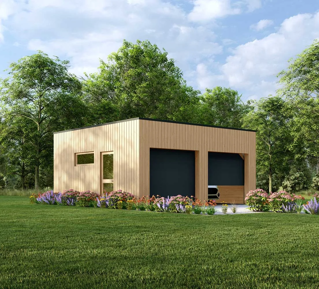 Holzgarage mit Flachdach Aster, 6x6 m, BF 37 m2 mit Sektionaltoren Holzgarage mit Flachdach Aster, 6x6 m, BF 37 m2 mit Sektionaltoren