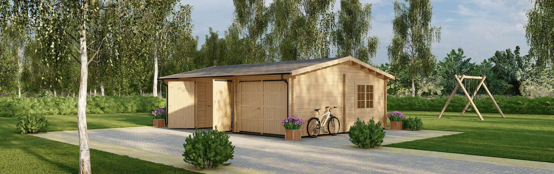 Blockbohlengarage Acer mit Abstellraum, 8×6 m, BF 45 m2 mit Holztoren 2