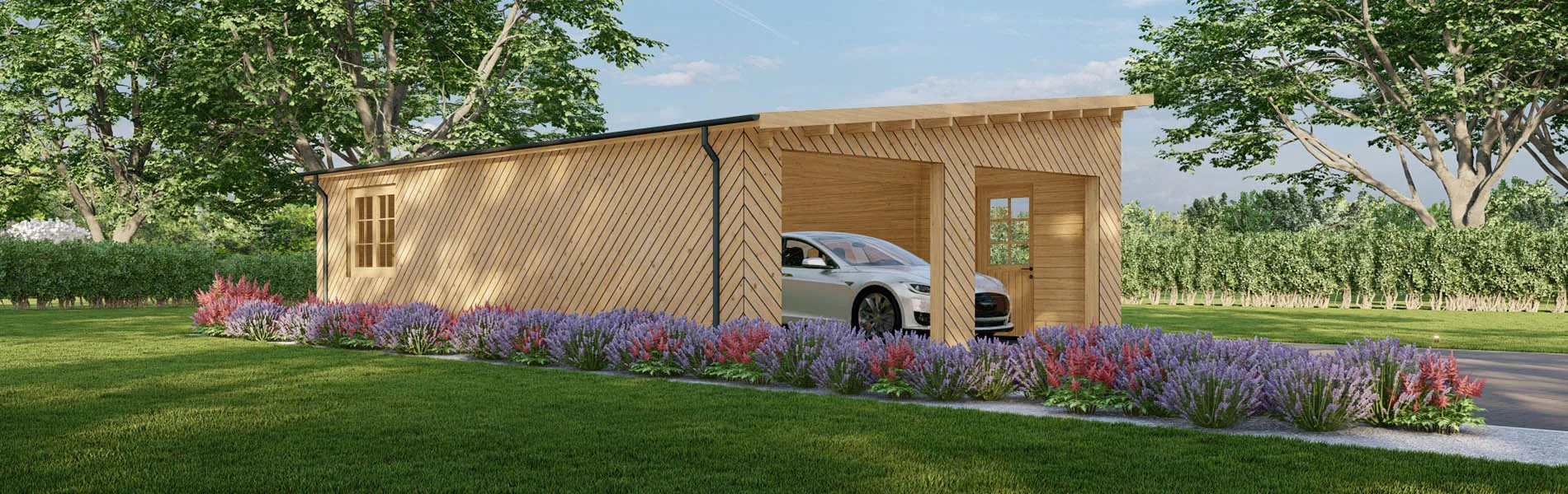 Blockbohlengarage Populus mit Holzverkleidung, 6×9 m, BF 55 m2 ohne Tore 1