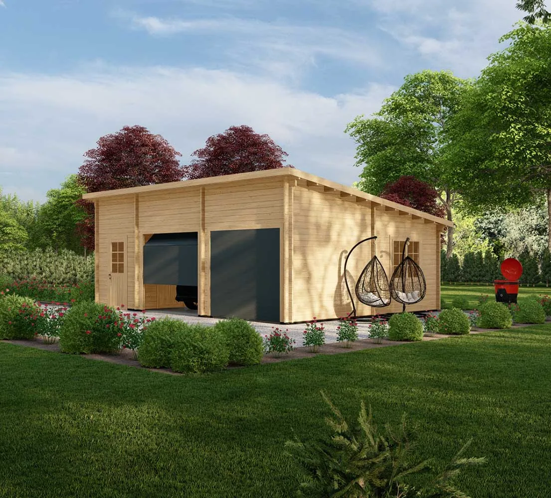 Holzgarage mit Pultdach Abies mit Abstellraum, 8x6 m, BF 45 m2 mit Sektionaltoren Holzgarage mit Pultdach Abies mit Abstellraum, 8x6 m, BF 45 m2 mit Sektionaltoren