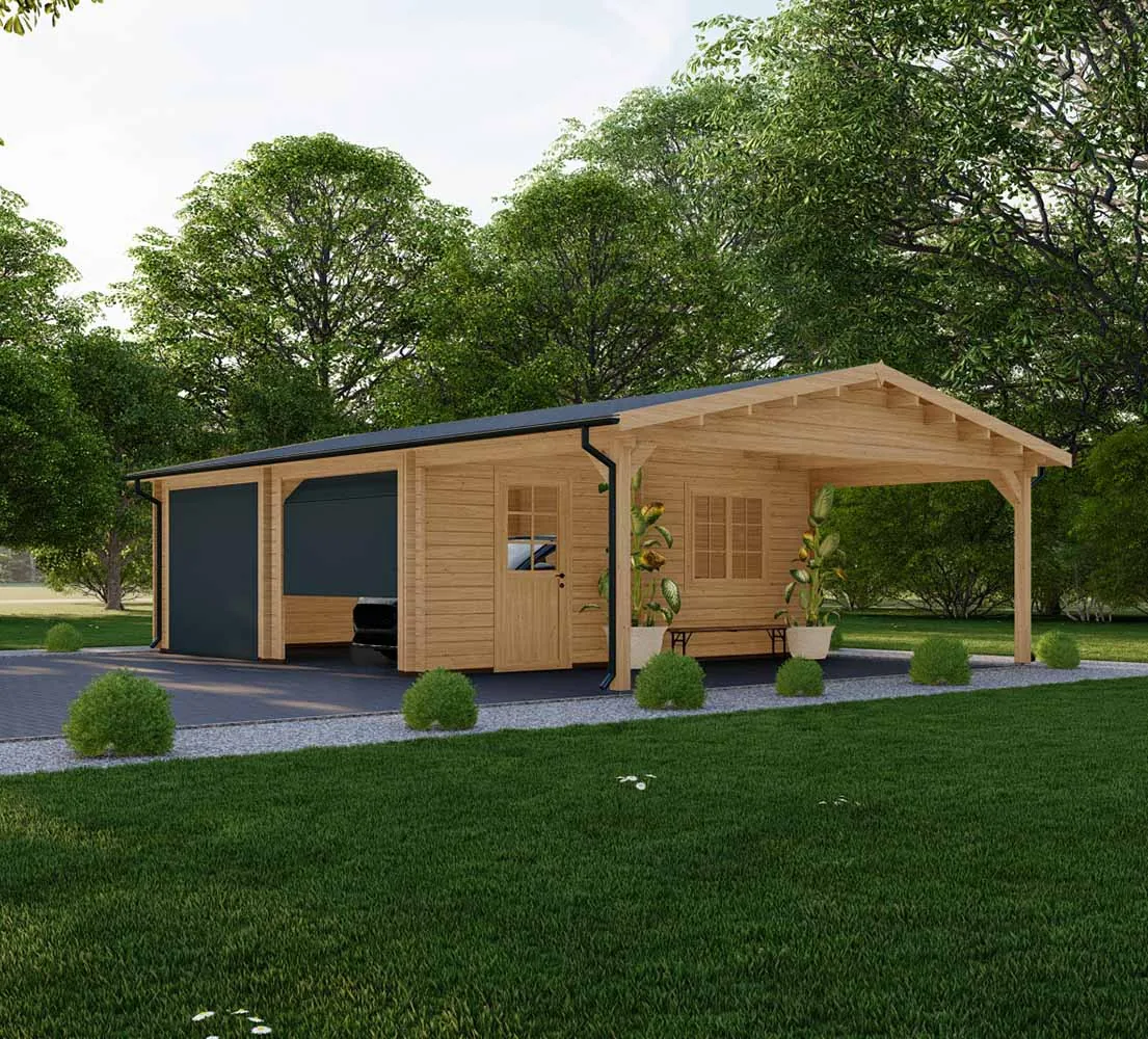 Holzgarage mit Carport Prunus, 9x6 m, BF 50 m2 mit Sektionaltoren Holzgarage mit Carport Prunus, 9x6 m, BF 50 m2 mit Sektionaltoren
