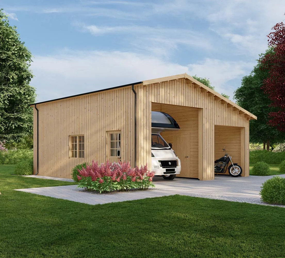 Wohnmobil garage Linum mit Holzverkleidung, 7x8 m, BF 58 m2 ohne Tor