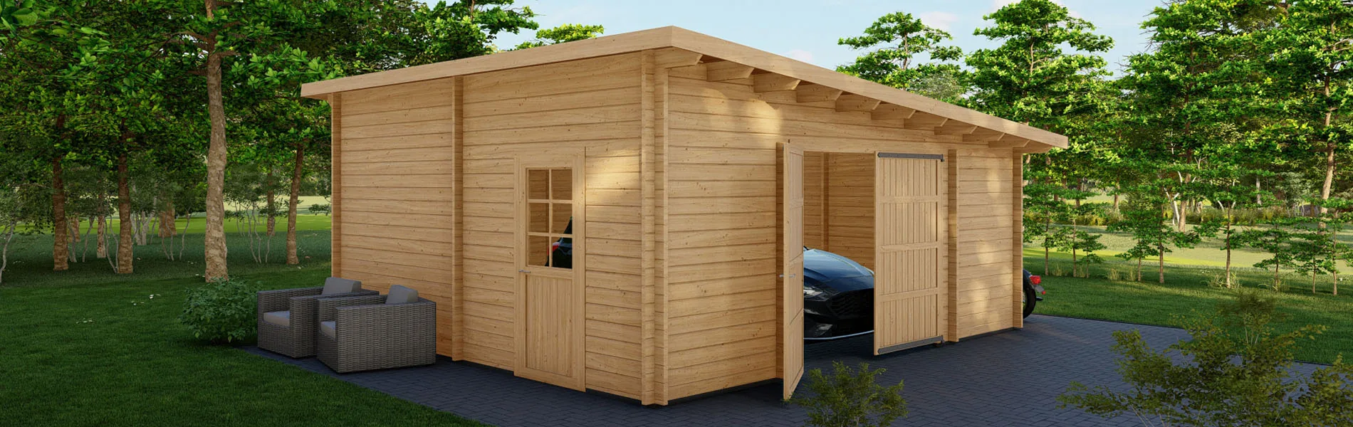 Einzelgarage aus Holz Taxus, 6×6 m, BF 30 m2 mit Holztor 1