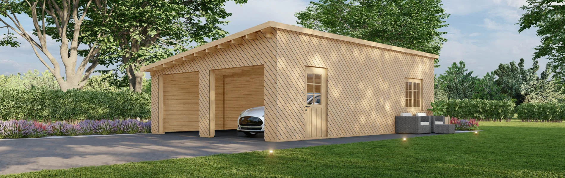 Blockbohlengarage Populus mit Holzverkleidung, 6×9 m, BF 55 m2 ohne Tore 2
