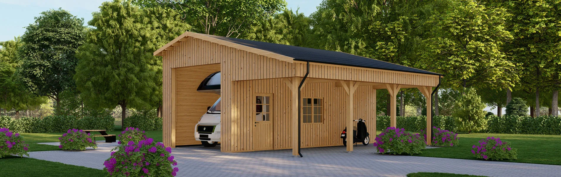 Wohnmobil garage Nigella mit Holzverkleidung, 7×8 m, BF 58 m2 ohne Tor 1