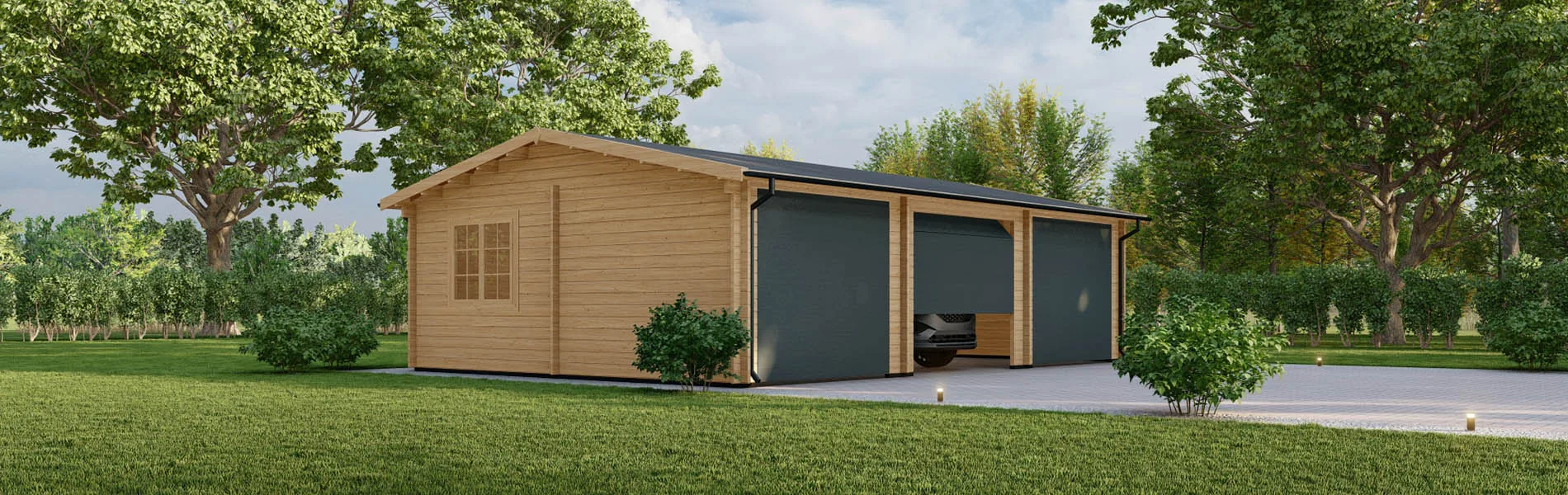 Dreifachgarage aus Holz Picea, 9×6 m, BF 50 m2 mit Sektionaltoren 2