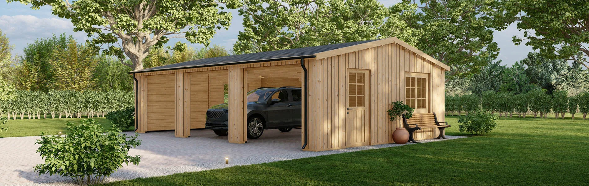 Dreifachgarage aus Holz Picea mit Holzverkleidung, 9×6 m, BF 55 m2 ohne Tore 2