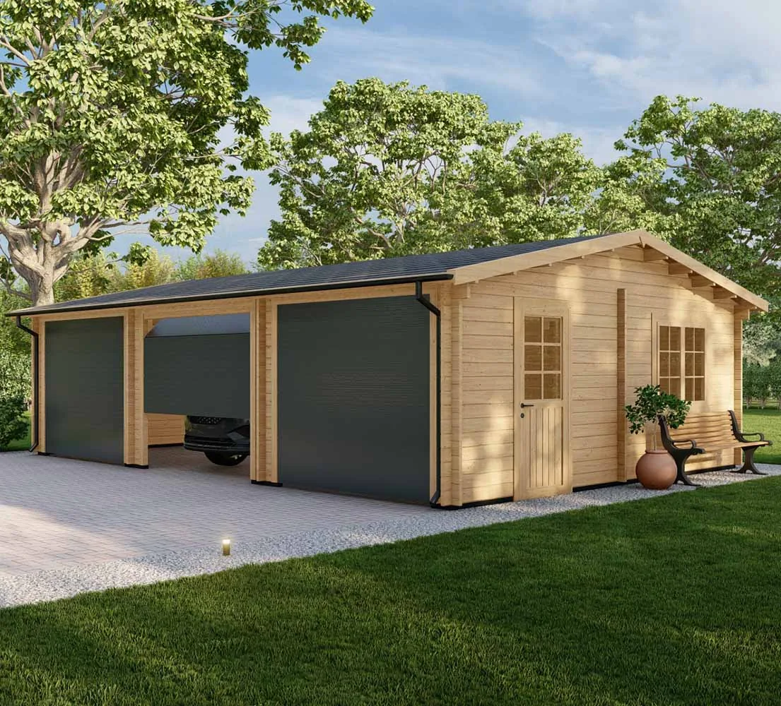 Dreifachgarage aus Holz Picea, 9x6 m, BF 50 m2 mit Sektionaltoren Dreifachgarage aus Holz Picea, 9x6 m, BF 50 m2 mit Sektionaltoren