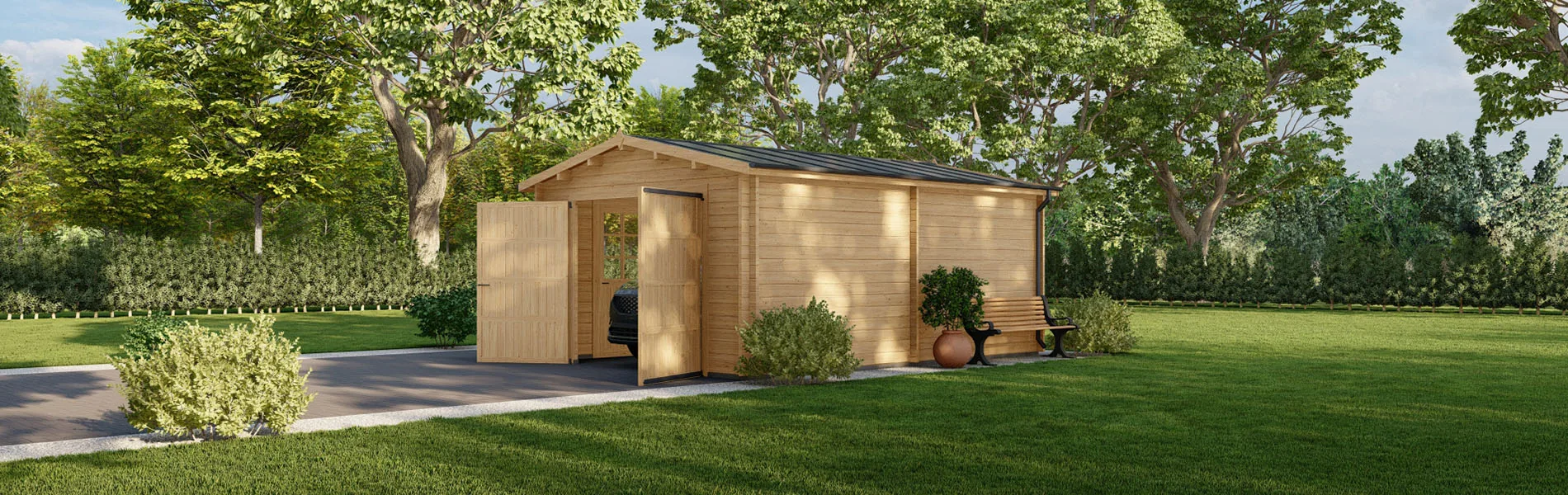 Holzgarage mit Satteldach Acanthus, 4×6 m, BF 20 m2 mit Holztor 1