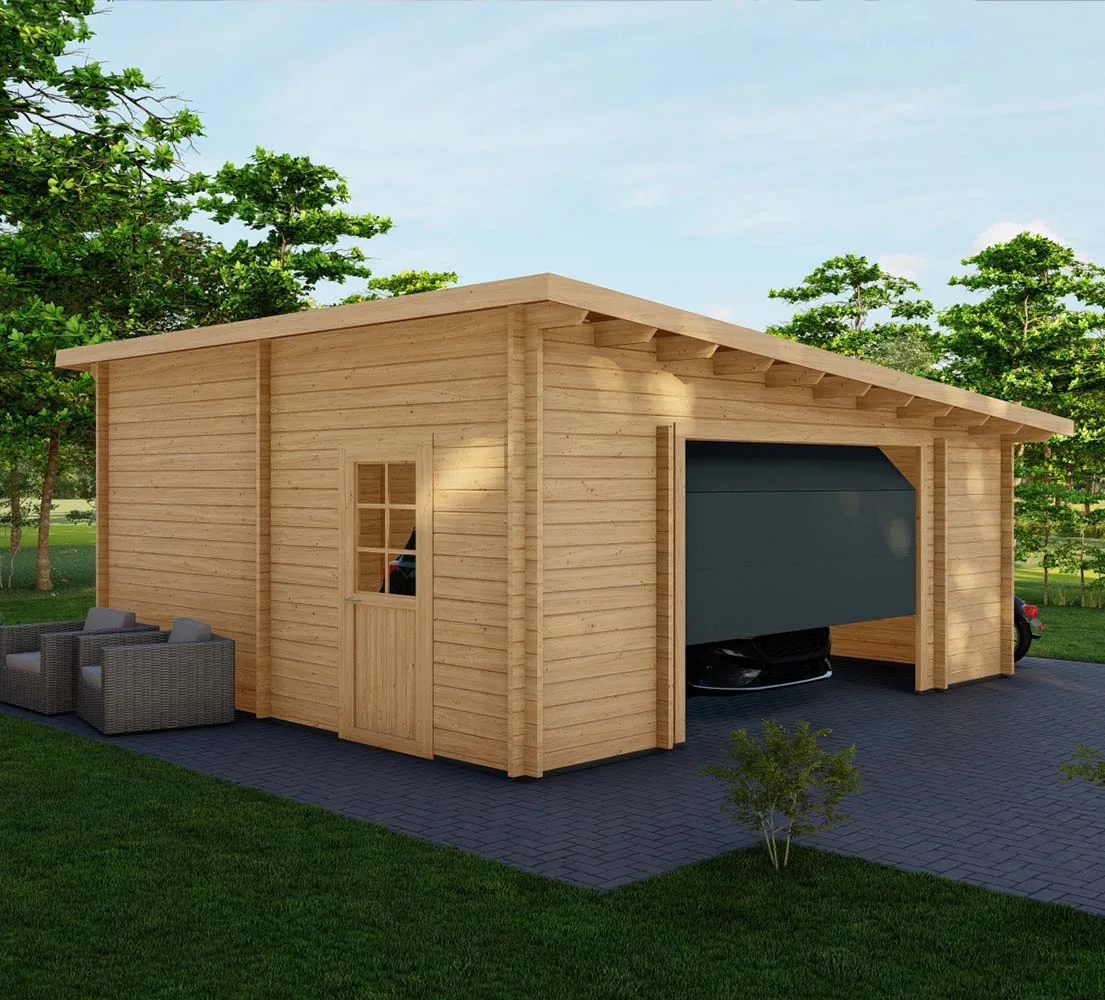 Holzgarage mit Pultdach Taxus V3, 6x6 m, BF 30 m2 mit Sektionaltor Holzgarage mit Pultdach Taxus V3, 6x6 m, BF 30 m2 mit Sektionaltor