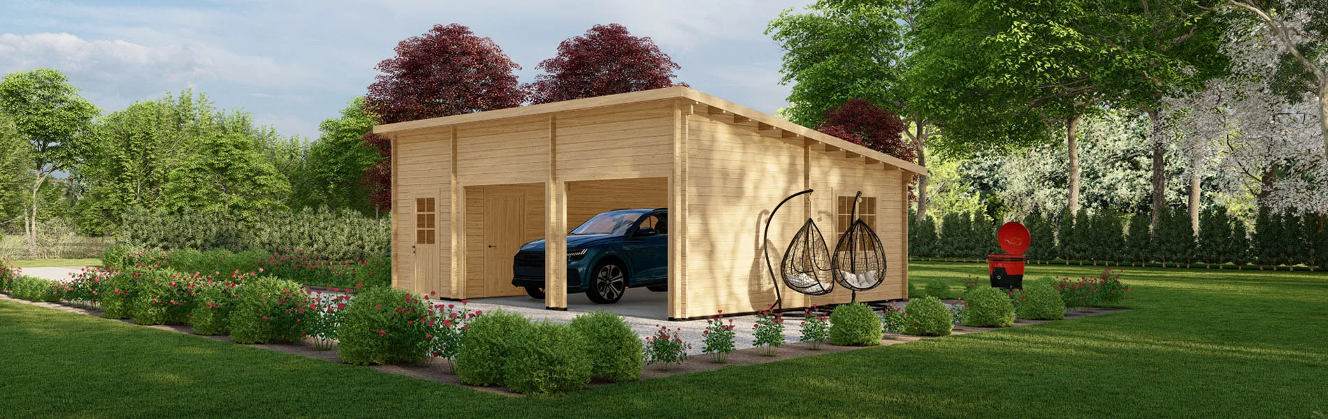 Blockbohlengarage Abies mit Abstellraum, 8×6 m, BF 45 m2 ohne Tore 1