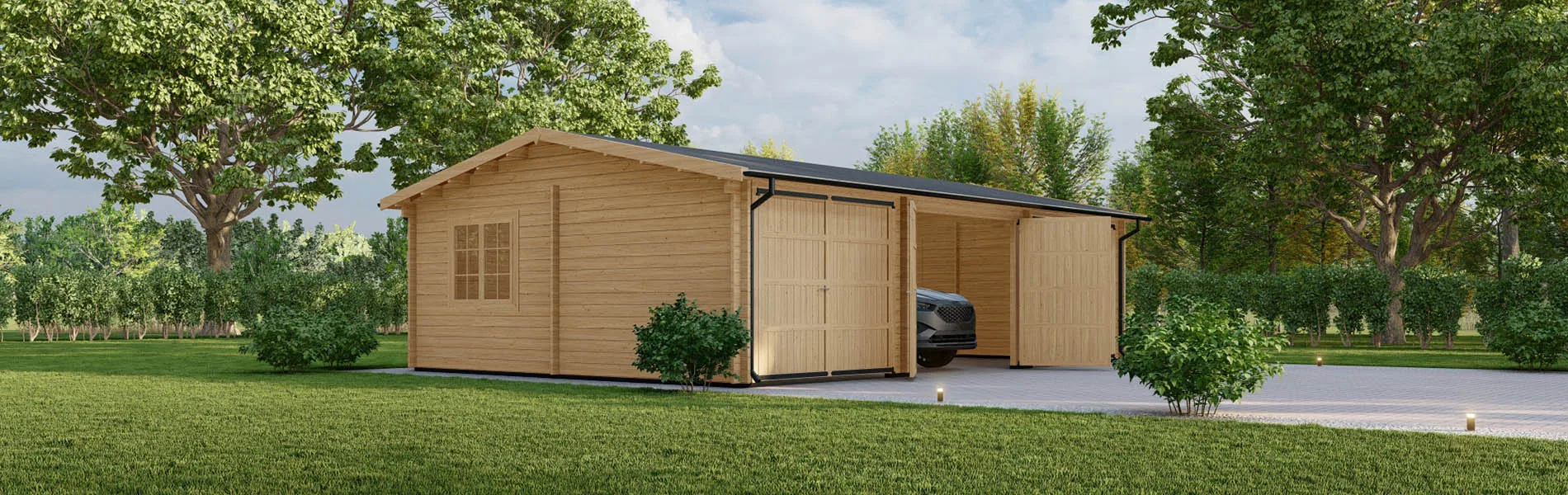 Dreifachgarage aus Holz Picea, 9×6 m, BF 50 m2 mit Holztoren 2