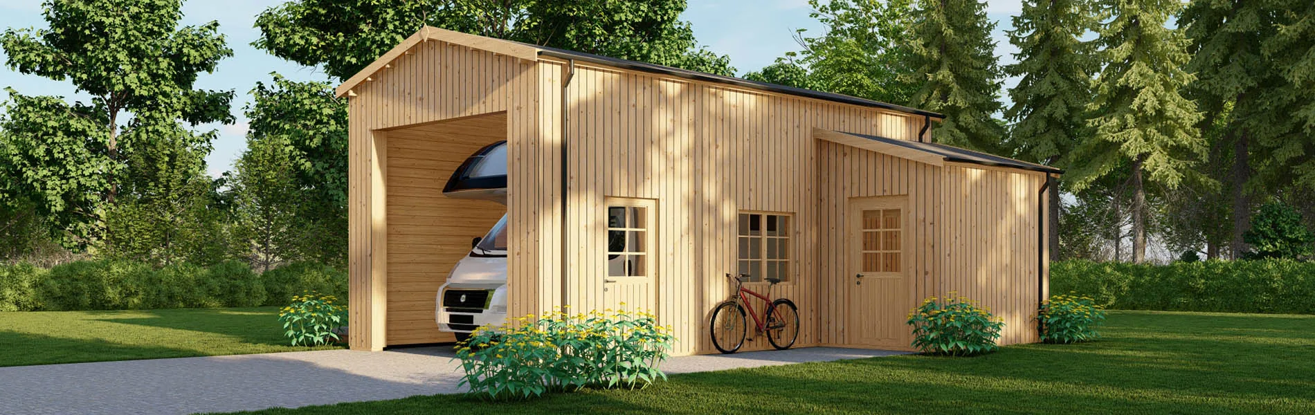 Wohnmobil garage Betula mit Holzverkleidung, 4×8 m, BF 40 m2 mit Abstellraum ohne Tor 1