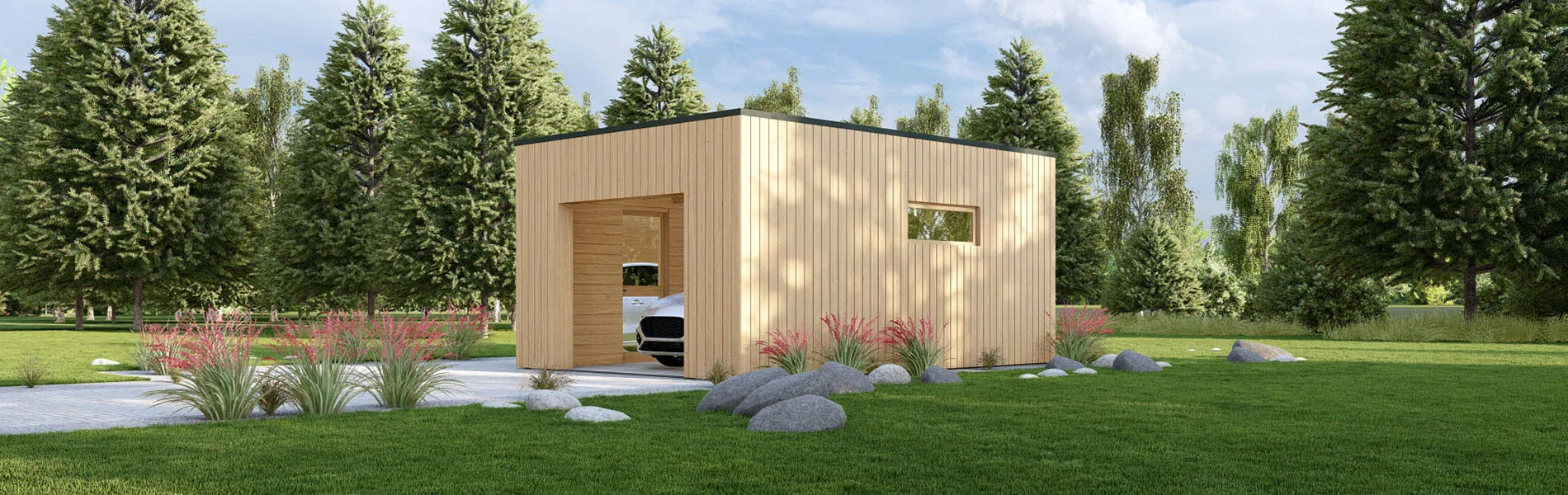 Holzgarage mit Flachdach Fraxinus mit Holzverkleidung, 4×6 m, BF 26 m2 ohne Tor 2