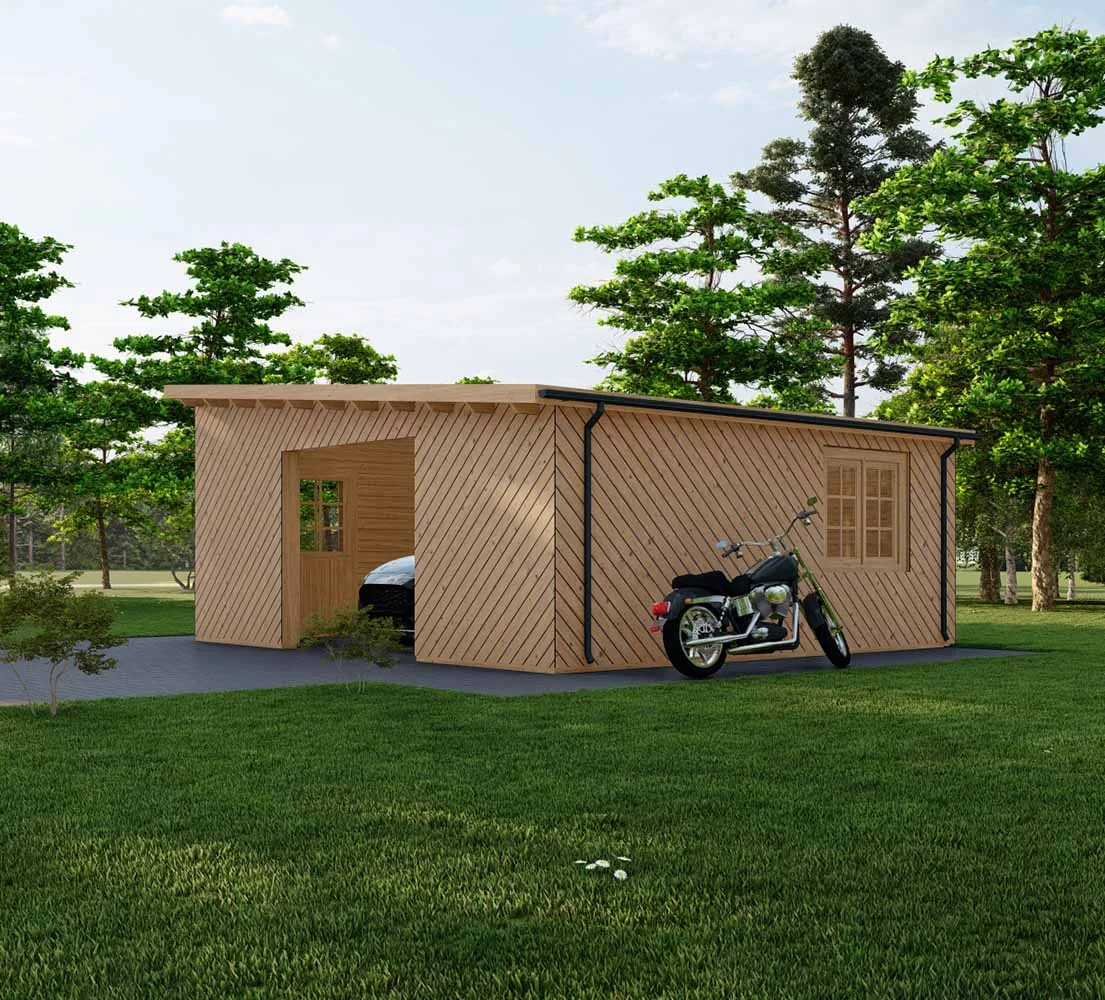 Holzgarage mit Pultdach Taxus mit Holzverkleidung, 6x6 m, BF 34 m2 ohne Tor Holzgarage mit Pultdach Taxus mit Holzverkleidung, 6x6 m, BF 34 m2 ohne Tor