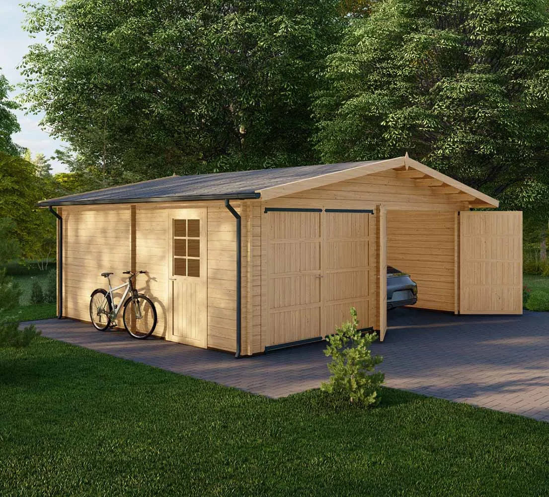 Holzgarage mit Satteldach Larix V2, 6x6 m, BF 30 m2 mit Holztoren