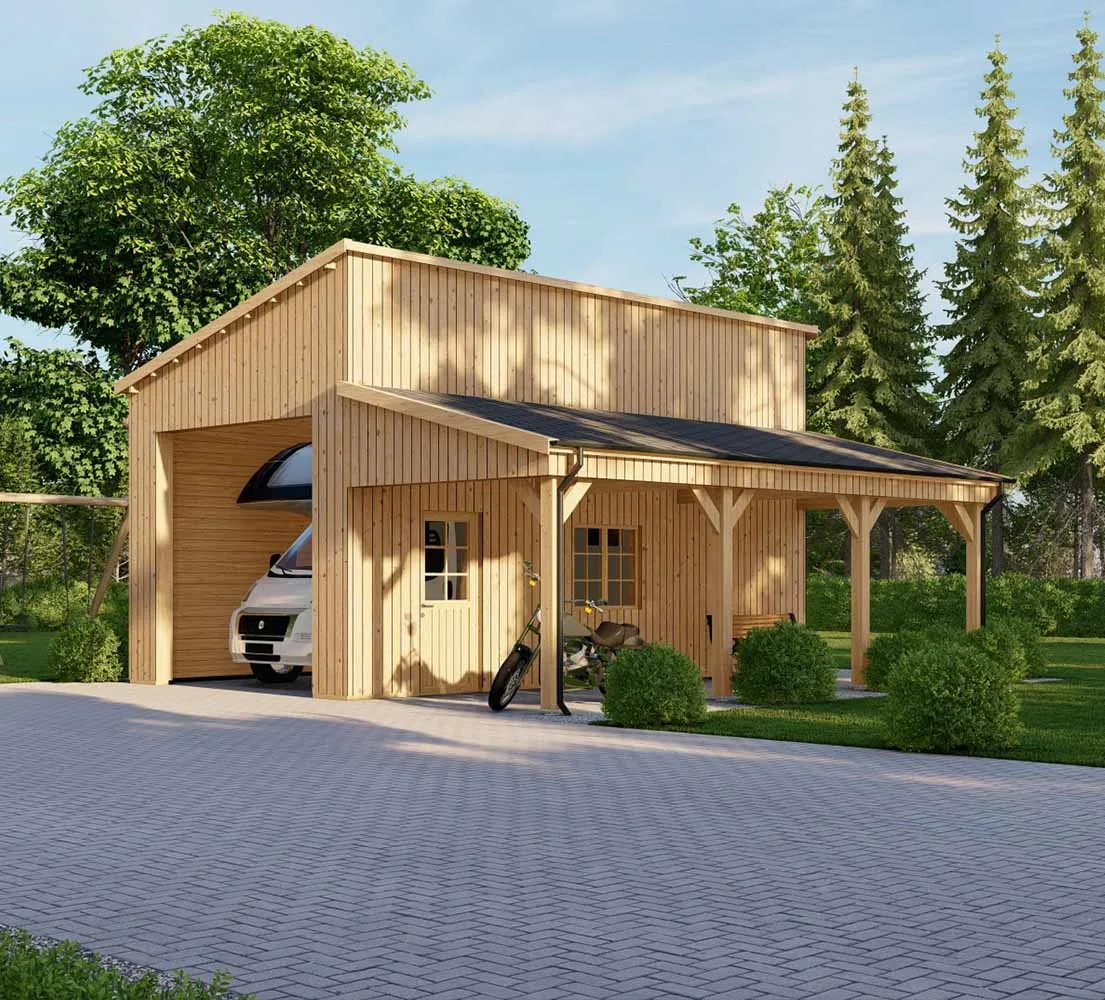 Holzgarage mit Carport Melica mit Holzverkleidung, 7x8 m, BF 58 m2 ohne Tor Holzgarage mit Carport Melica mit Holzverkleidung, 7x8 m, BF 58 m2 ohne Tor