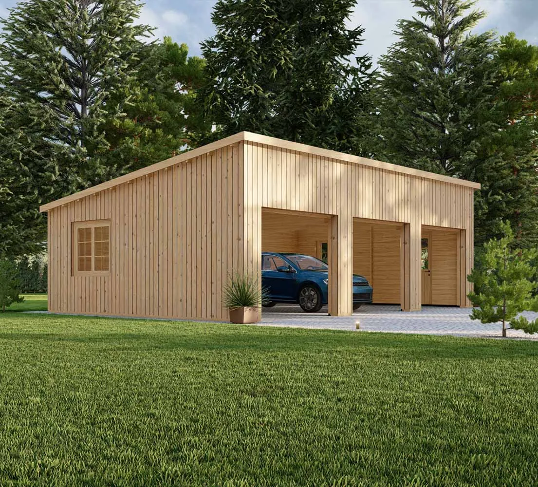 Holzgarage mit Pultdach Pinus mit Holzverkleidung, 9x6 m, BF 55 m2 ohne Tore Holzgarage mit Pultdach Pinus mit Holzverkleidung, 9x6 m, BF 55 m2 ohne Tore
