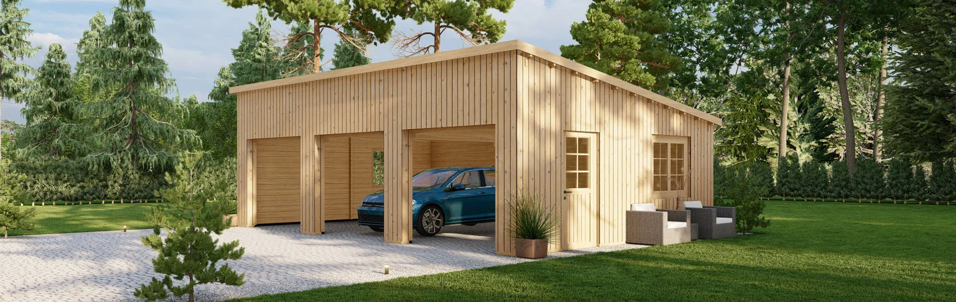 Dreifachgarage aus Holz Pinus mit Holzverkleidung, 9×6 m, BF 55 m2 ohne Tore 2