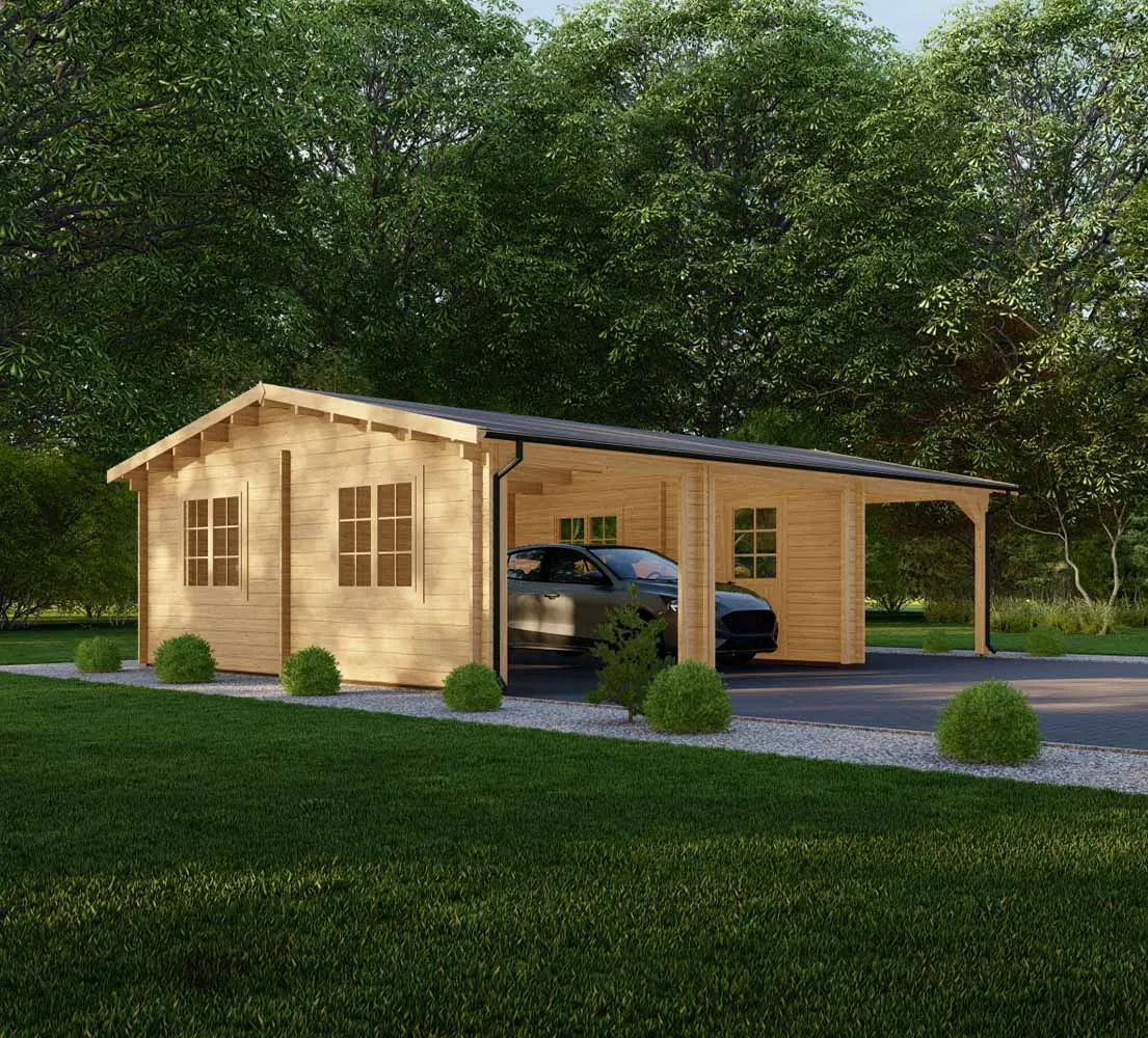 Holzgarage mit Carport Prunus, 9x6 m, BF 50 m2 ohne Tore Holzgarage mit Carport Prunus, 9x6 m, BF 50 m2 ohne Tore