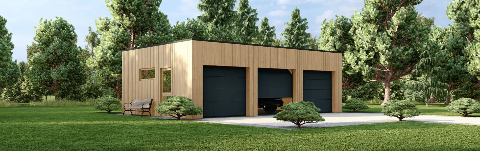 Holzgarage mit Flachdach Areca, 9×6 m, BF 55 m2 mit Sektionaltoren 1