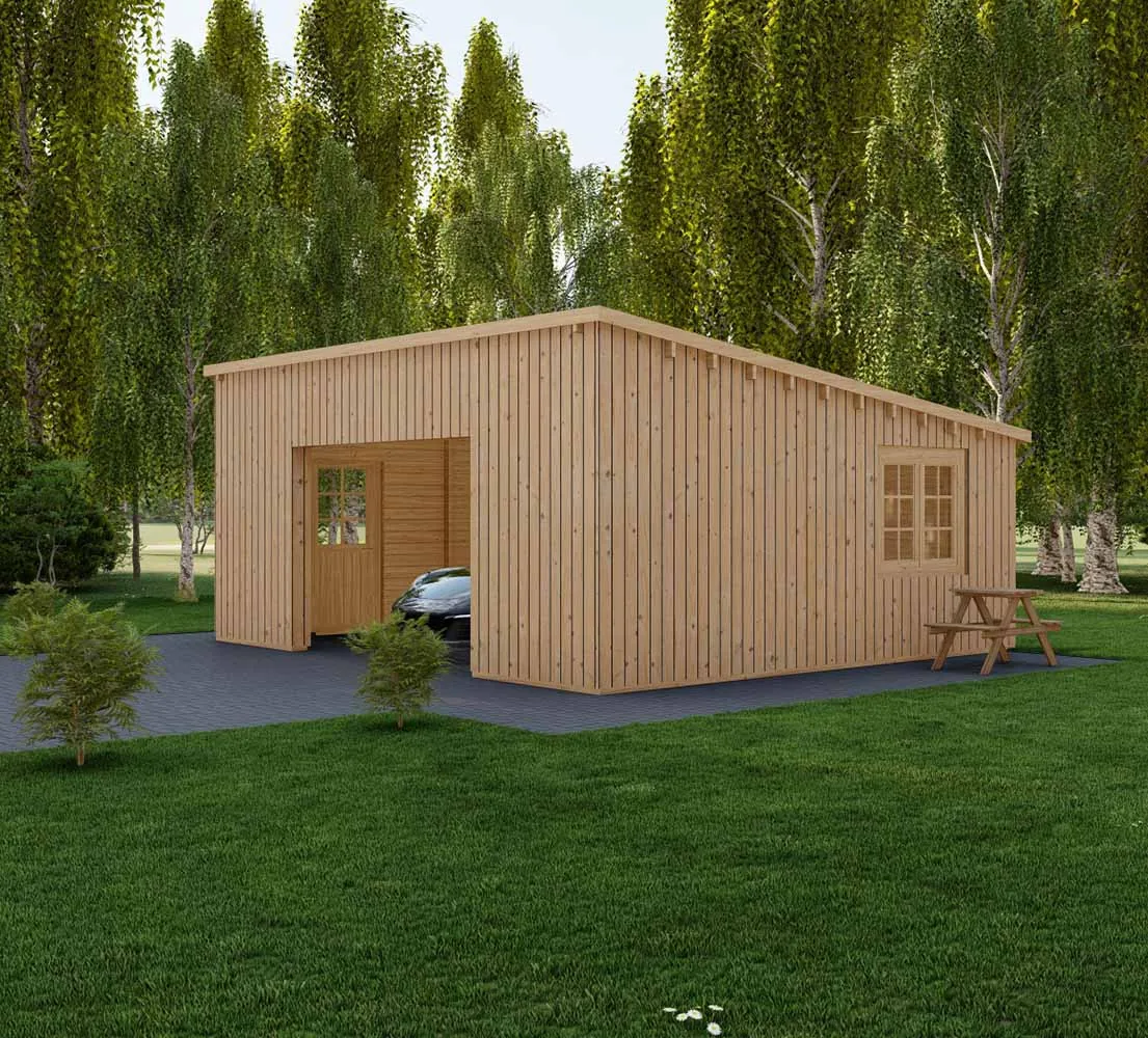 Holzgarage mit Pultdach Fagus V3 mit Holzverkleidung, 6x6 m, BF 34 m2 ohne Tor Holzgarage mit Pultdach Fagus V3 mit Holzverkleidung, 6x6 m, BF 34 m2 ohne Tor