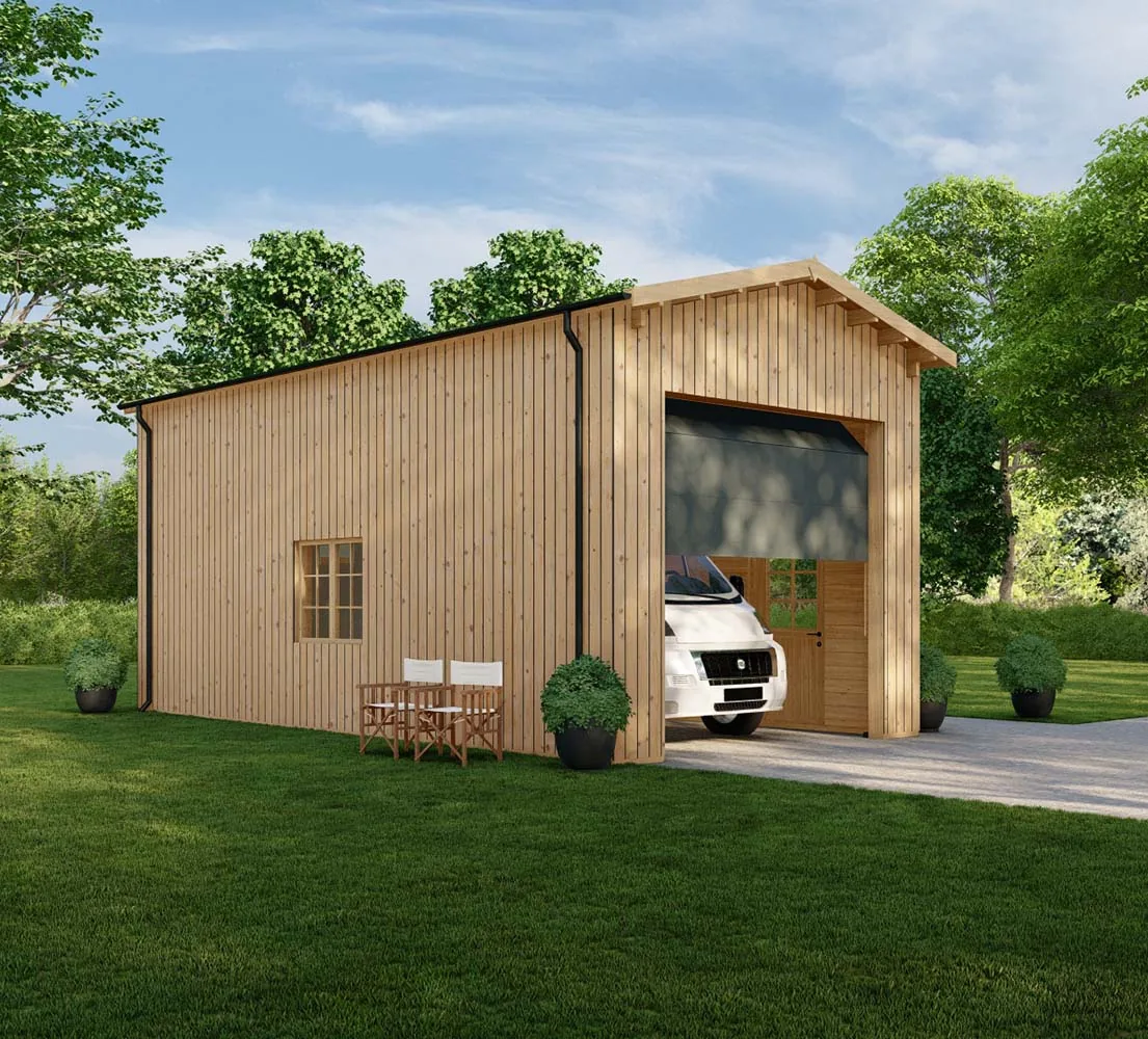 Wohnmobil garage Betula mit Holzverkleidung, 4x8 m, BF 33 m2 mit Sektionaltor