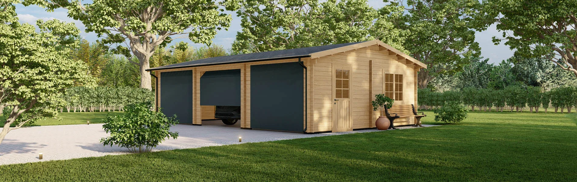 Dreifachgarage aus Holz Picea, 9×6 m, BF 50 m2 mit Sektionaltoren 1