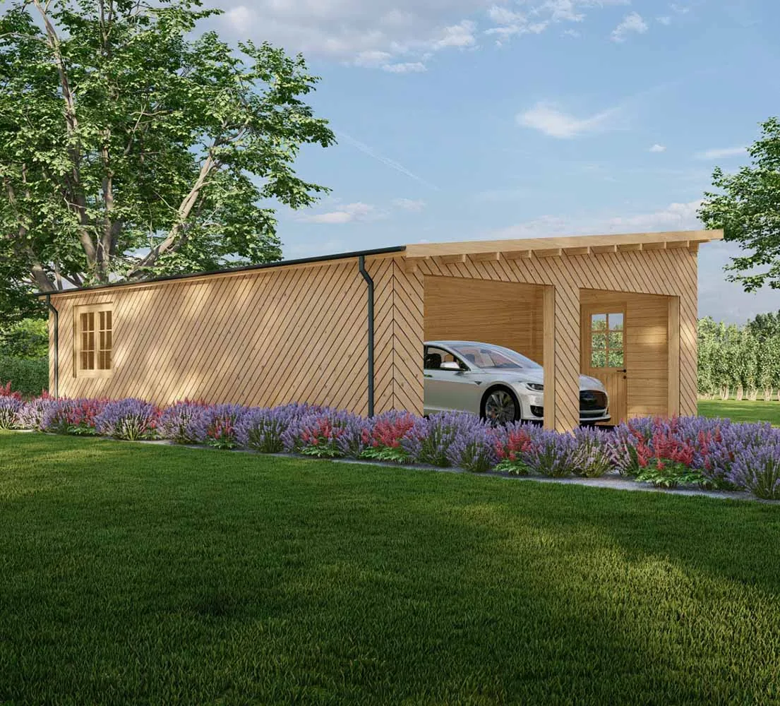 Holzgarage mit Pultdach Populus mit Holzverkleidung, 6x9 m, BF 55 m2 ohne Tore Holzgarage mit Pultdach Populus mit Holzverkleidung, 6x9 m, BF 55 m2 ohne Tore