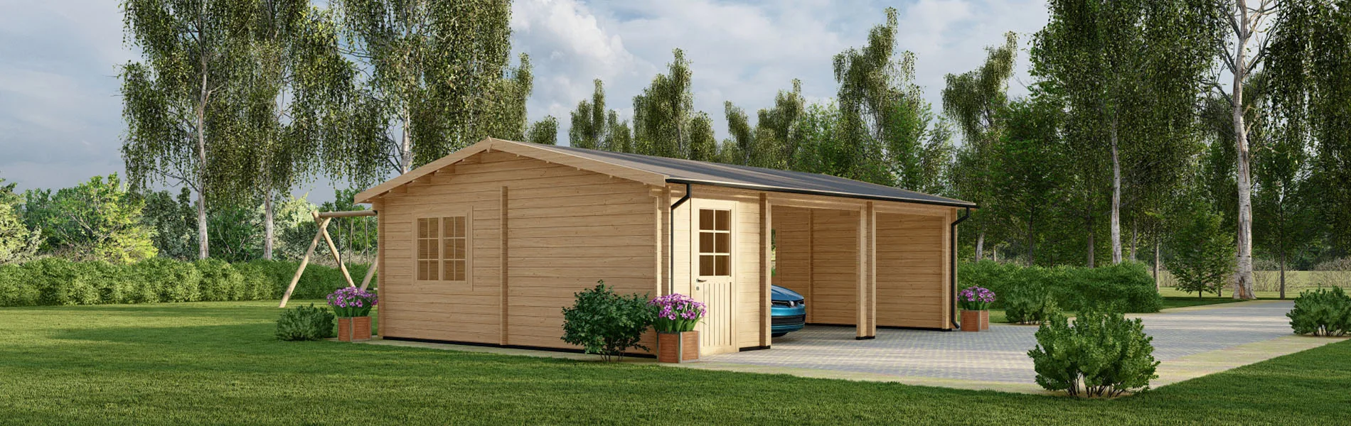 Blockbohlengarage Acer mit Abstellraum, 8×6 m, BF 45 m2 ohne Tore 3