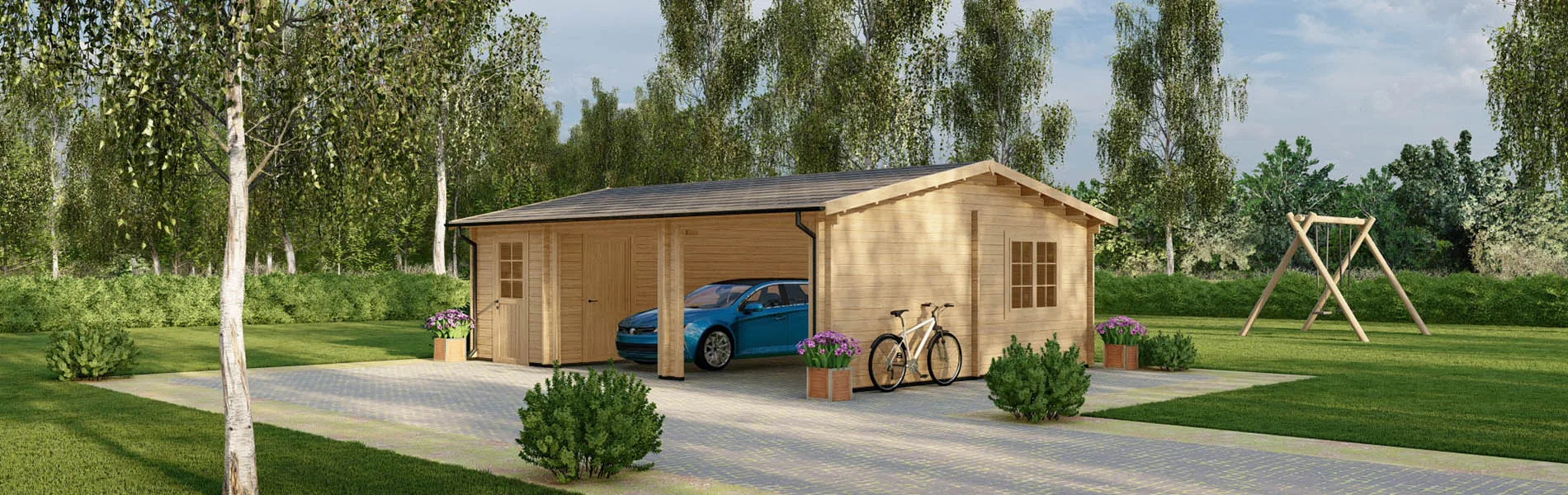Blockbohlengarage Acer mit Abstellraum, 8×6 m, BF 45 m2 ohne Tore 1