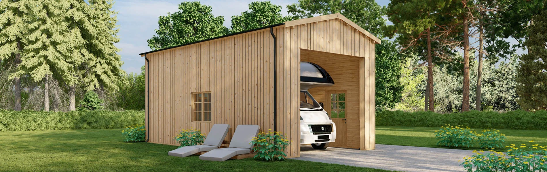 Wohnmobil garage Betula mit Holzverkleidung, 4×8 m, BF 40 m2 mit Abstellraum ohne Tor 2