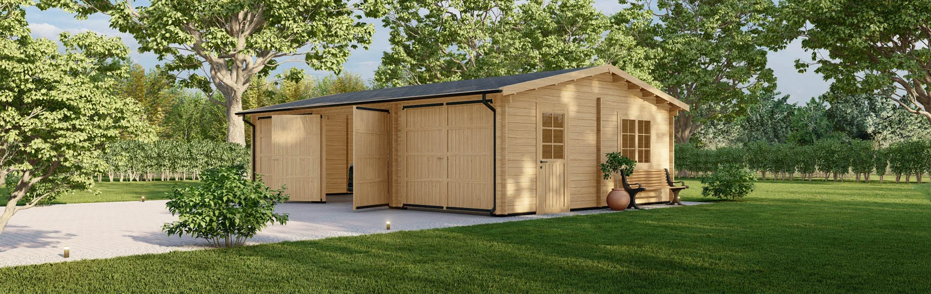Dreifachgarage aus Holz Picea, 9×6 m, BF 50 m2 mit Holztoren 1