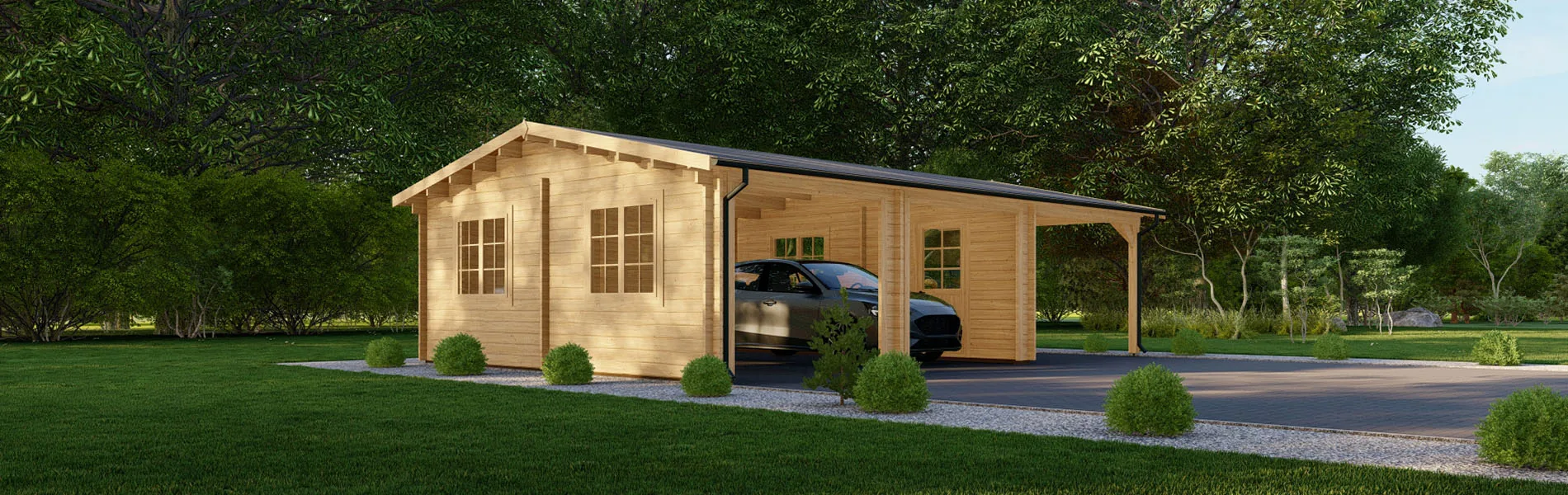 Holzgarage mit Carport Prunus, 9×6 m, BF 50 m2 ohne Tore 1