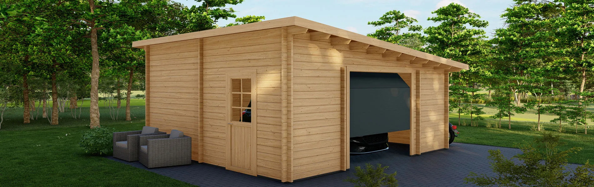 Einzelgarage aus Holz Taxus, 6×6 m, BF 30 m2 mit Sektionaltor 1