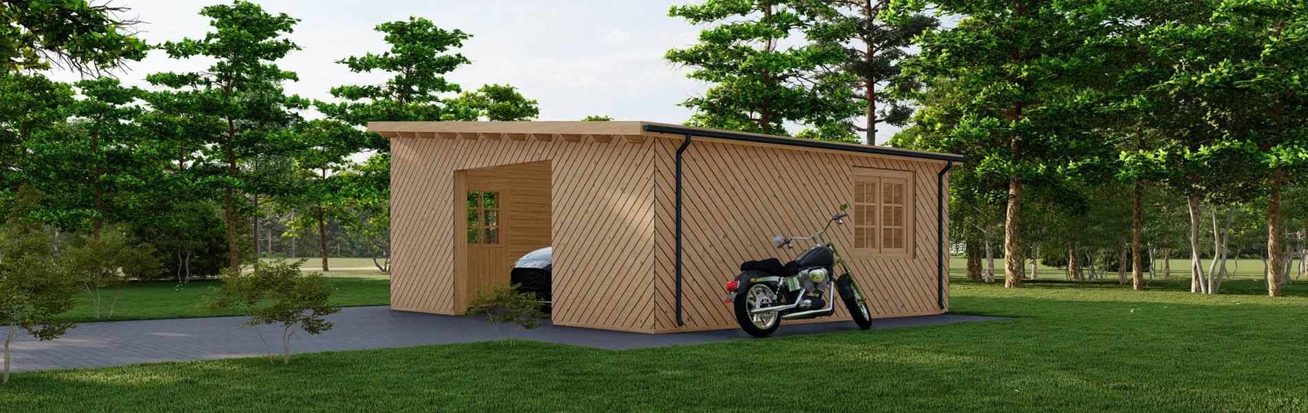 Blockbohlengarage Taxus mit Holzverkleidung, 6×6 m, BF 34 m2 ohne Tor 1