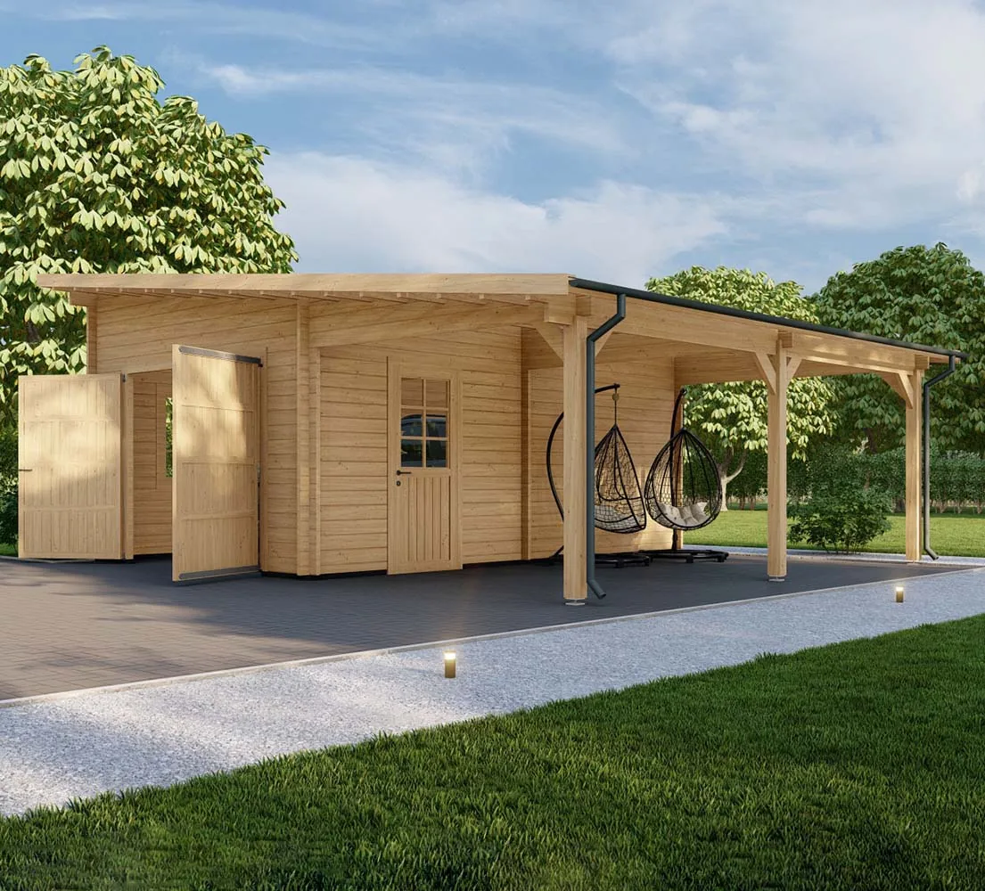 Holzgarage mit Carport Carpinus, 7x6 m, BF 40 m2 mit Holztor Holzgarage mit Carport Carpinus, 7x6 m, BF 40 m2 mit Holztor