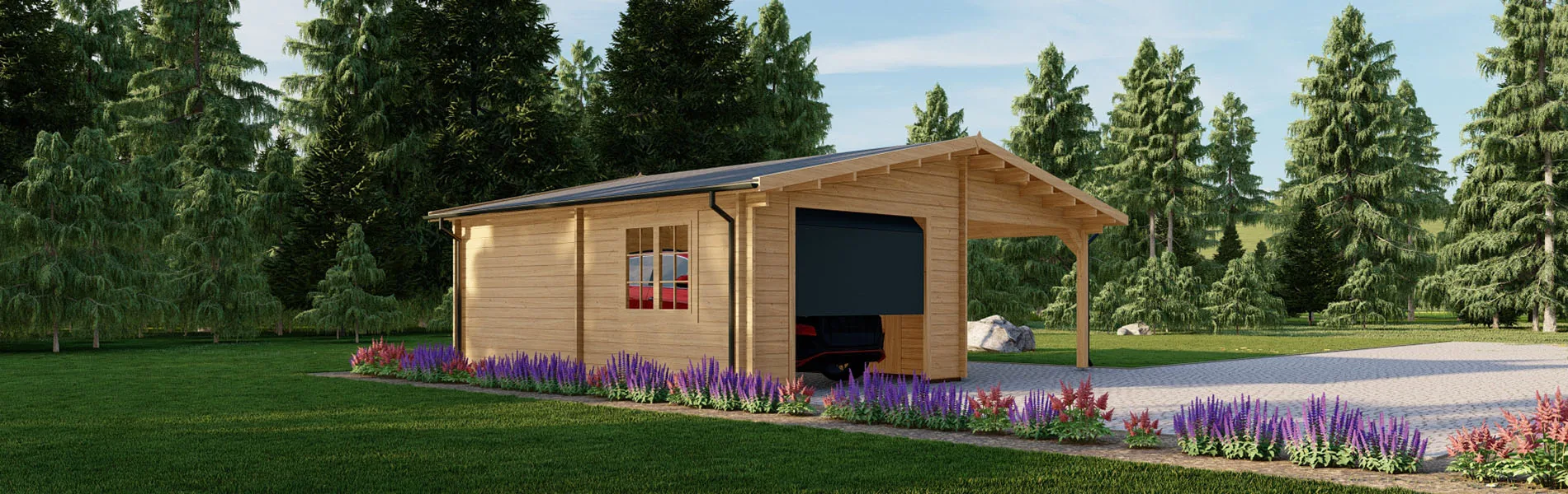 Holzgarage mit Carport Quercus, 7×6 m, BF 40 m2 mit Sektionaltor 2
