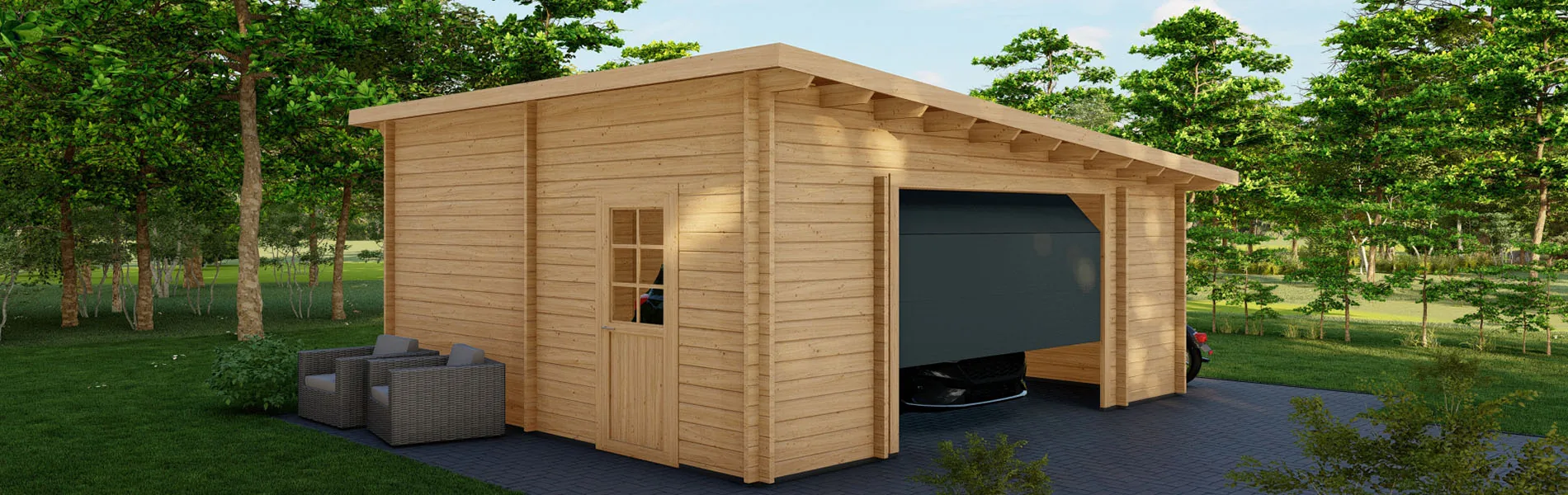 Einzelgarage aus Holz Taxus V3, 6×6 m, BF 30 m2 mit Sektionaltor 1