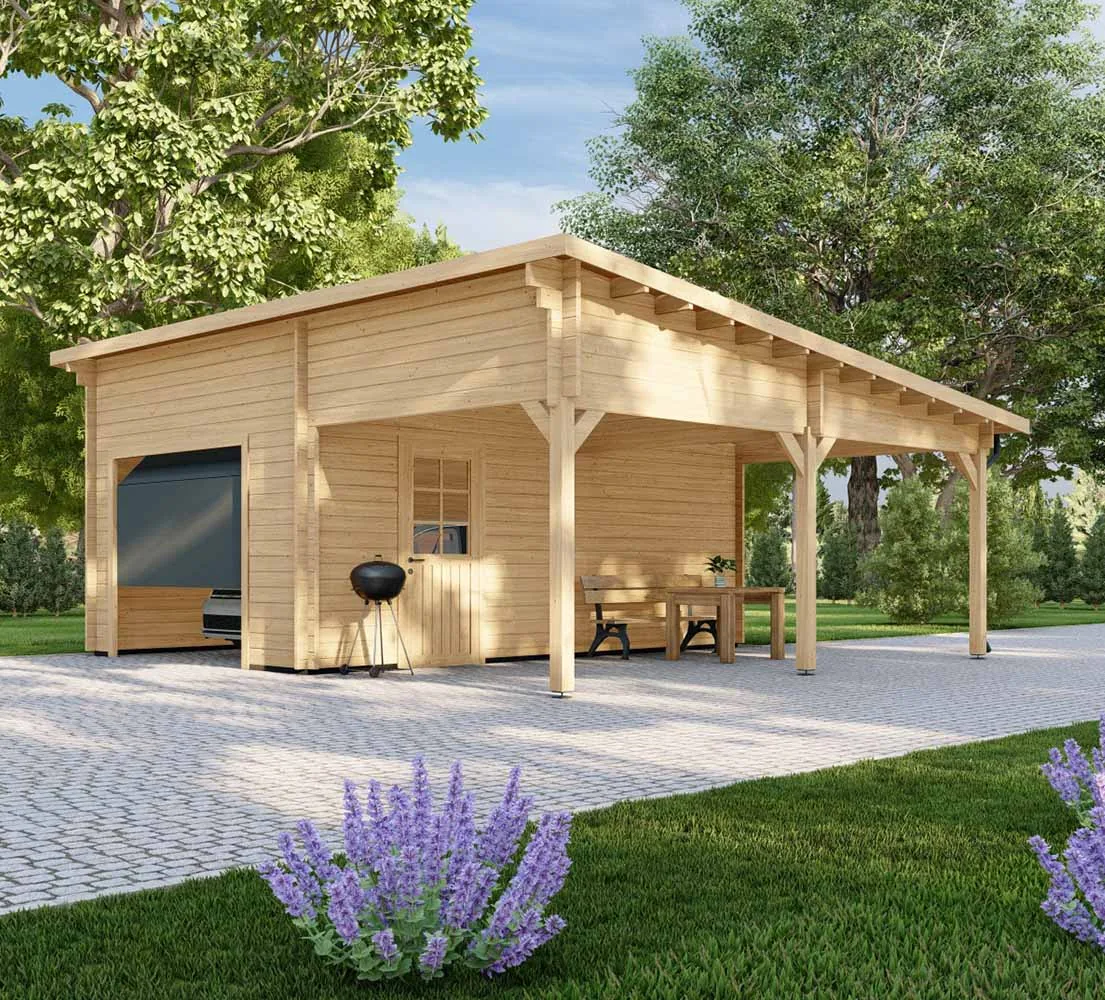 Holzgarage mit Carport Ulmus, 7x6 m, BF 40 m2 mit Sektionaltor Holzgarage mit Carport Ulmus, 7x6 m, BF 40 m2 mit Sektionaltor