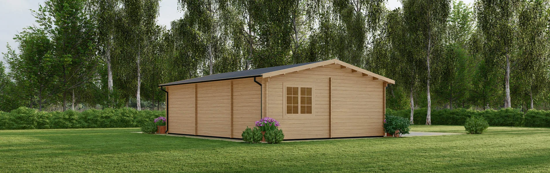 Blockbohlengarage Acer mit Abstellraum, 8×6 m, BF 45 m2 mit Holztoren 3