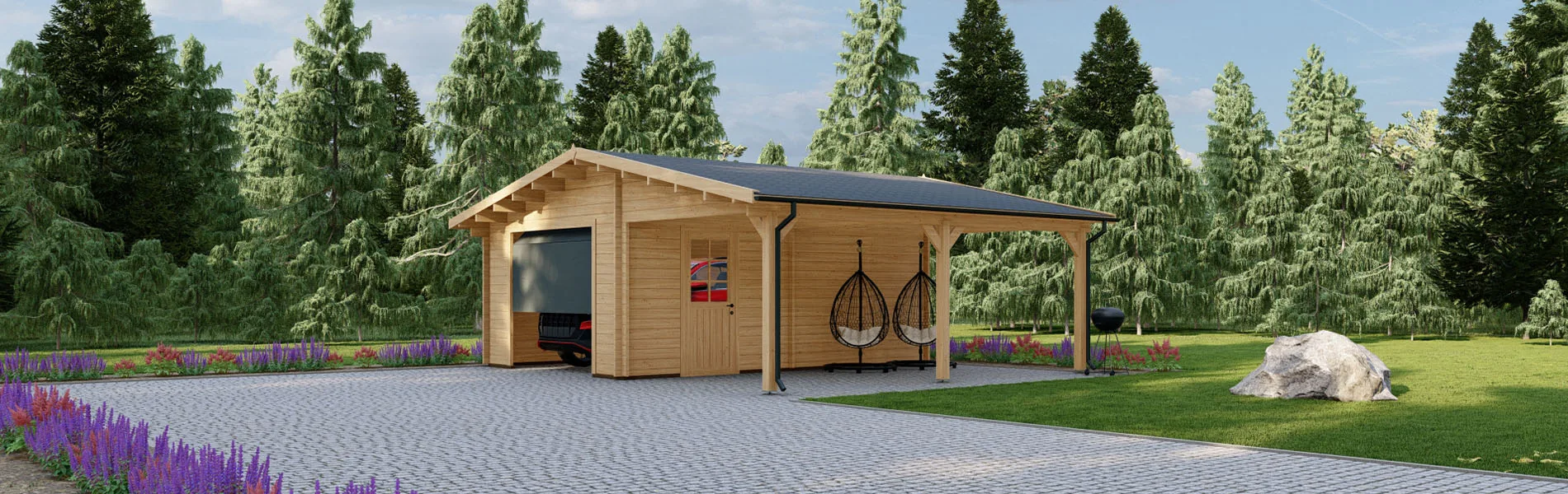 Holzgarage mit Carport Quercus, 7×6 m, BF 40 m2 mit Sektionaltor 1