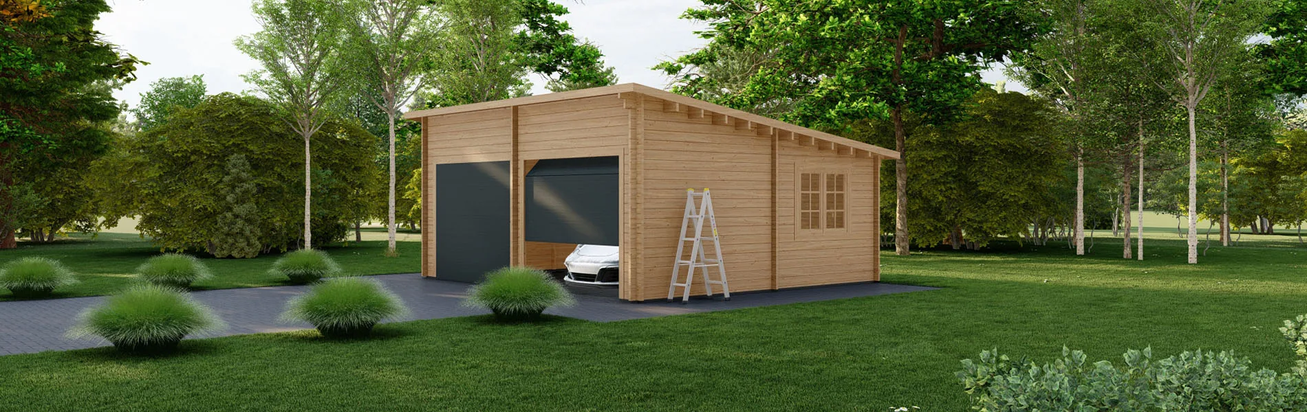 Holzgarage mit Pultdach Fagus V2, 6×6 m, BF 30 m2 mit Sektionaltoren 2