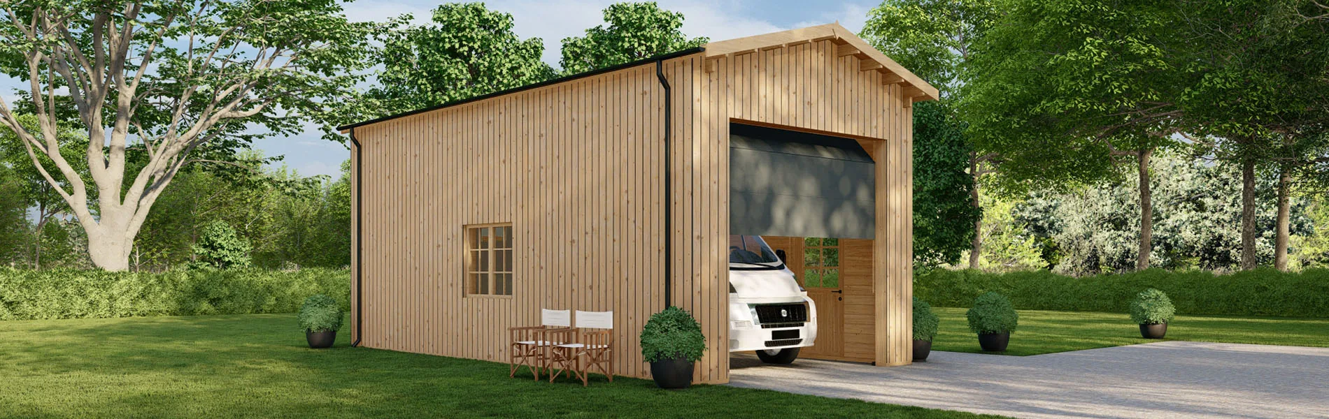 Wohnmobil garage Betula mit Holzverkleidung, 4×8 m, BF 33 m2 mit Sektionaltor 1