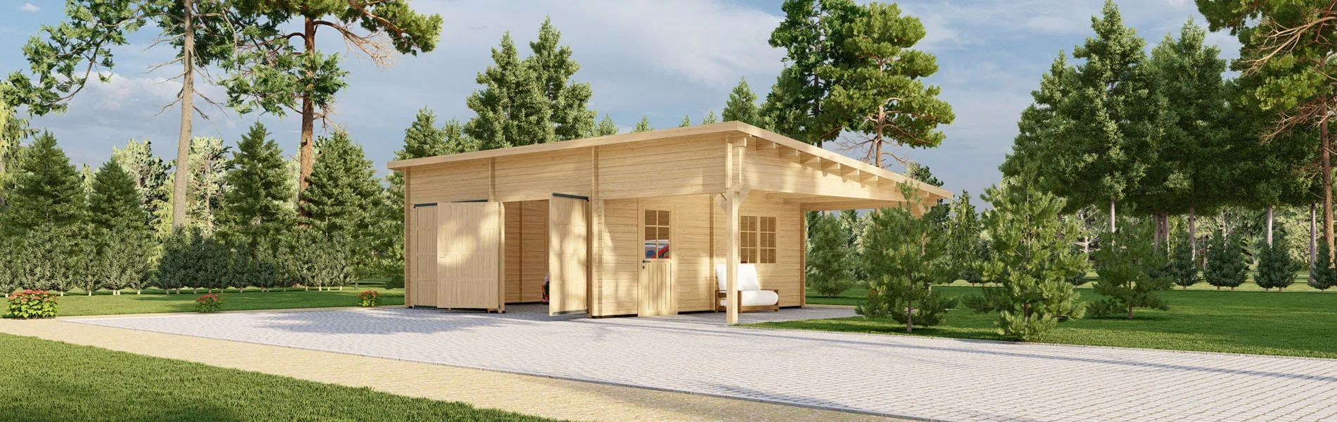 Holzgarage mit Carport Platanus, 9×6 m, BF 50 m2 mit Holztoren 1