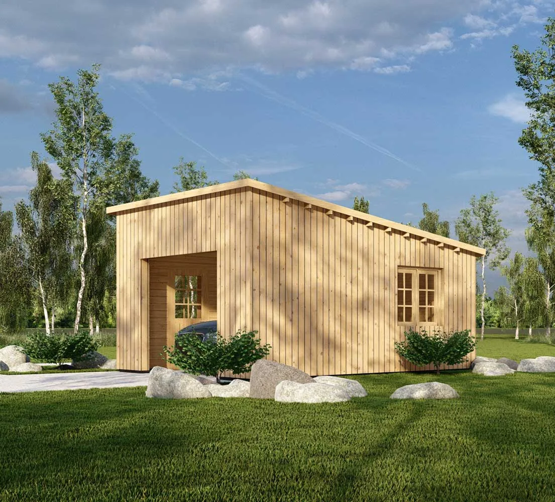 Holzgarage mit Pultdach Tilia mit Holzverkleidung, 4x6 m, BF 23 m2 ohne Tor Holzgarage mit Pultdach Tilia mit Holzverkleidung, 4x6 m, BF 23 m2 ohne Tor