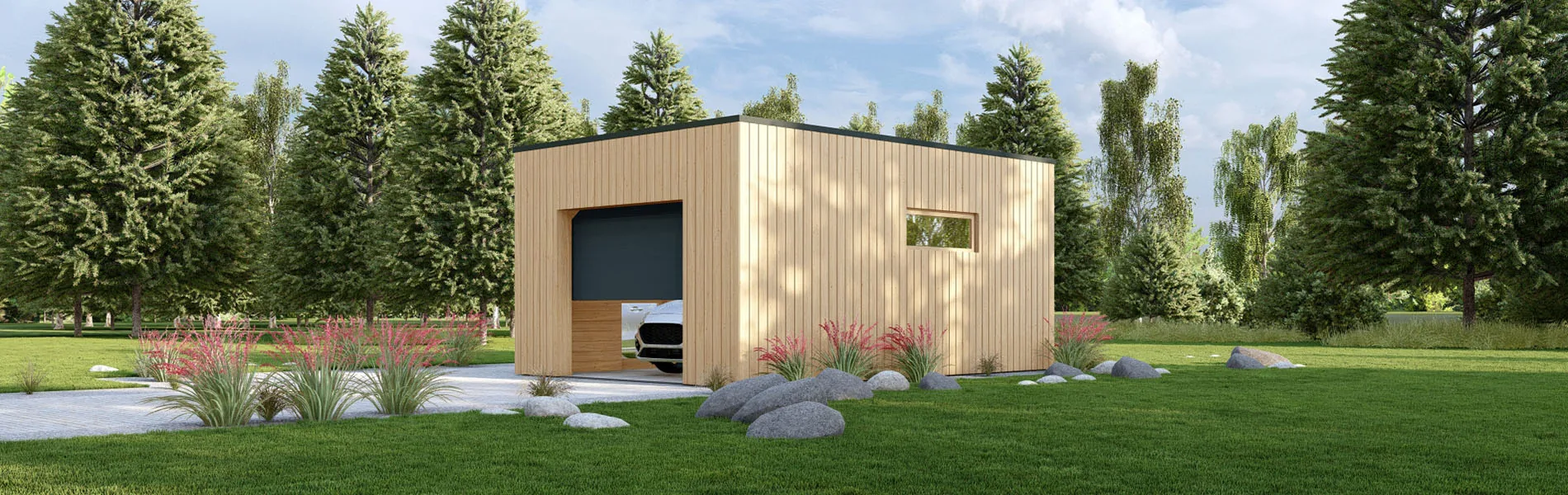 Holzgarage mit Flachdach Fraxinus mit Holzverkleidung, 4×6 m, BF 26 m2 mit Sektionaltor 2