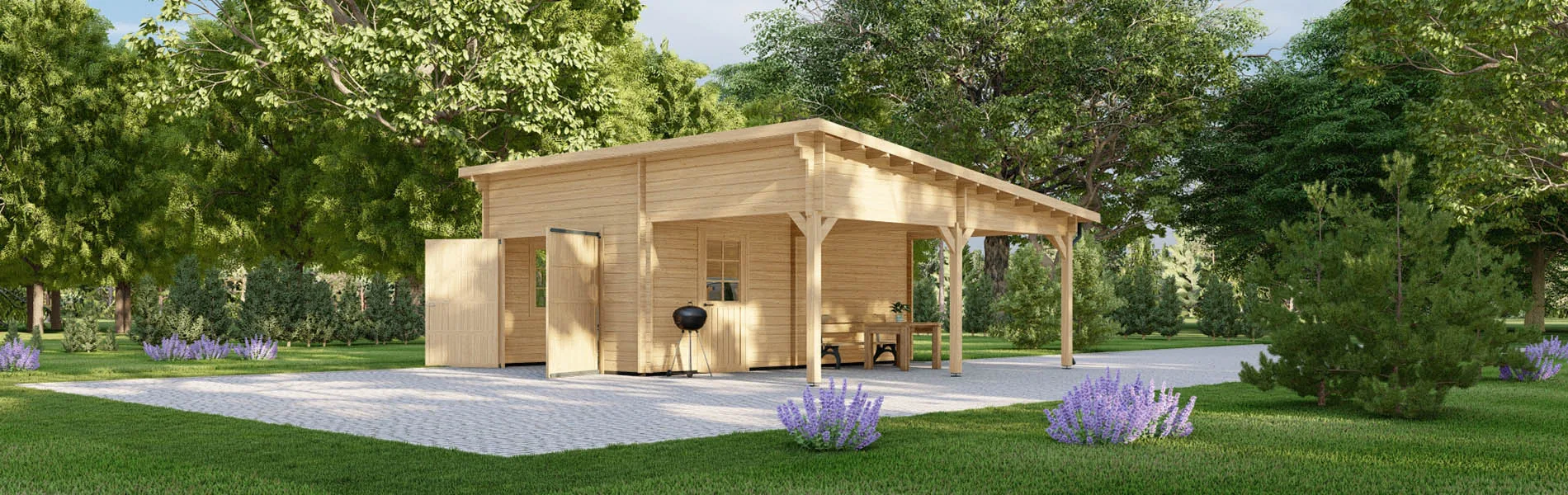 Holzgarage mit Carport Ulmus, 7×6 m, BF 40 m2 mit Holztor 1