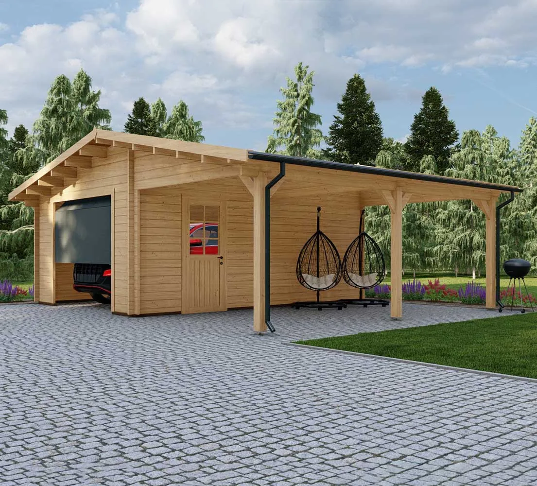 Holzgarage mit Carport Quercus, 7x6 m, BF 40 m2 mit Sektionaltor Holzgarage mit Carport Quercus, 7x6 m, BF 40 m2 mit Sektionaltor
